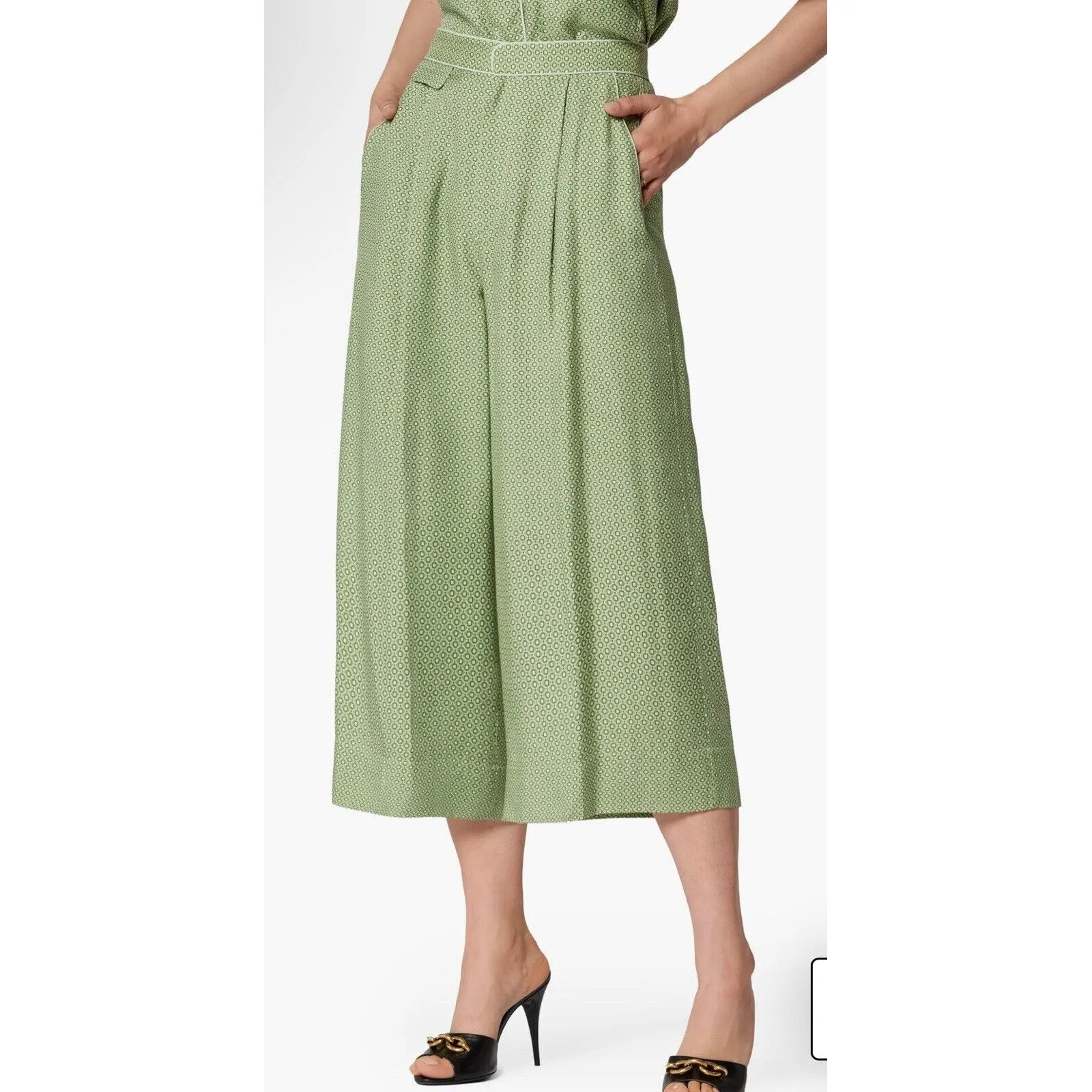 NWT $350 Equipment Allete Crop Wide Leg Pants Size‎ 0 Green Silk Viscose - Image 3