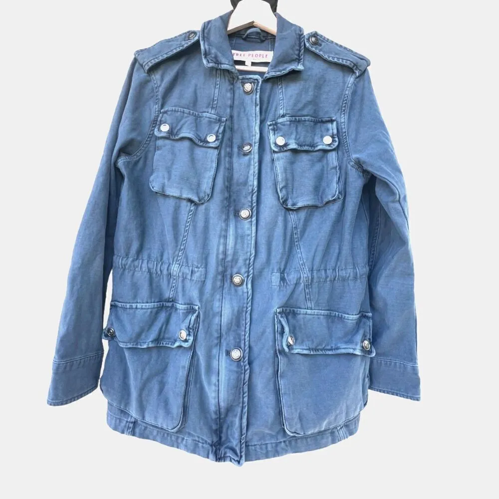Free Peoples Denim Jacket blue oversize relaxed Cargo Coat Outfitters XS - Image 2