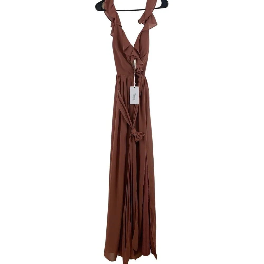 NWT Revelry Valerie Chiffon Faux Wrap Ruffle Maxi Gown Dress Cinnamon Rose 2 Brown - Image 2