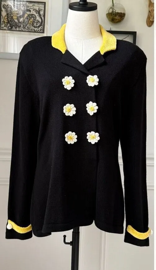 Jamie Kreitman Daisy Double Breasted Cardigan Sweater Blazer Black White Yellow Size M - Image 1
