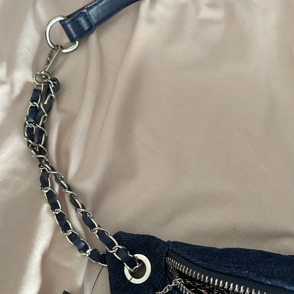 Badgley Mishka navy and denim waist pack Fannypack with pearls and chains - Image 4