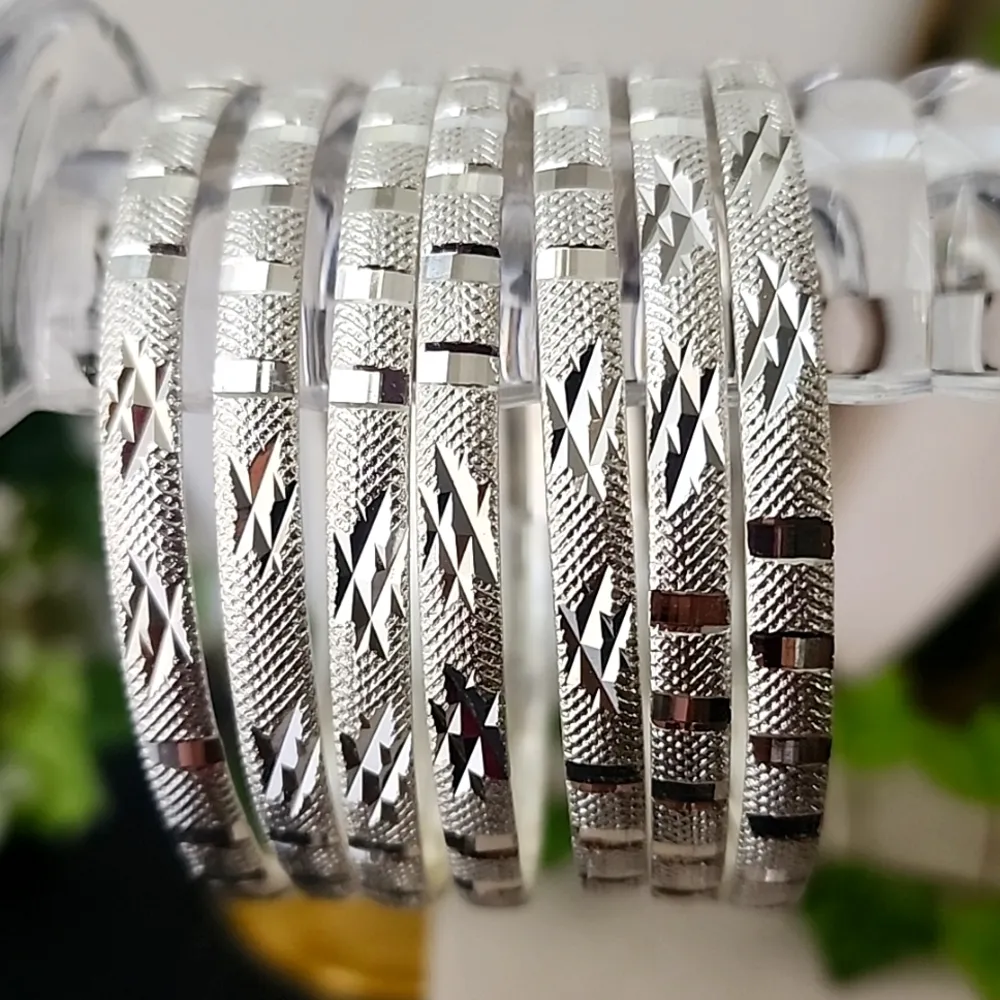 Set of Seven Small White Gold Filled Bangle Bracelet Diamond Cut Design Silver - Image 3