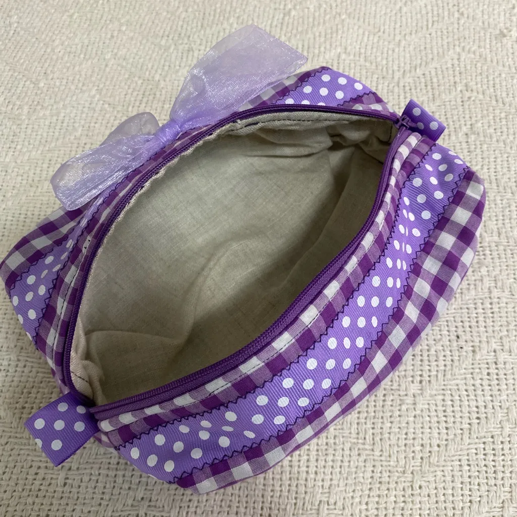New Handmade Purple Makeup Bag Toiletry Pouch with Bow, Zippered Multiuse - Image 3