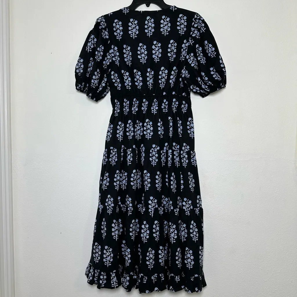 Pinch 100% Cotton Elegant Black Maxi Dress With Blue Stem and Puffy Sleeves Size M - Image 4