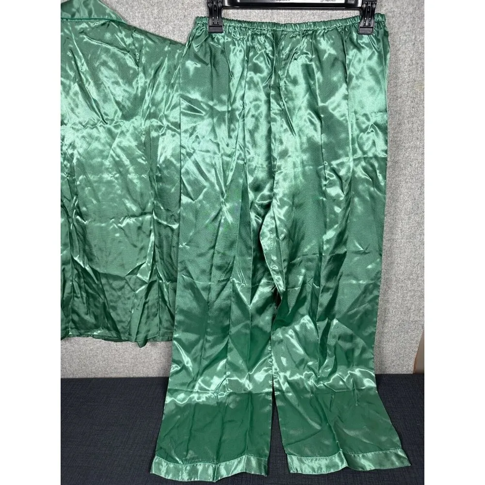 New Vintage Longevity Green Satin Chinese Pajama Set Large Embroidered Top Pants - Image 7