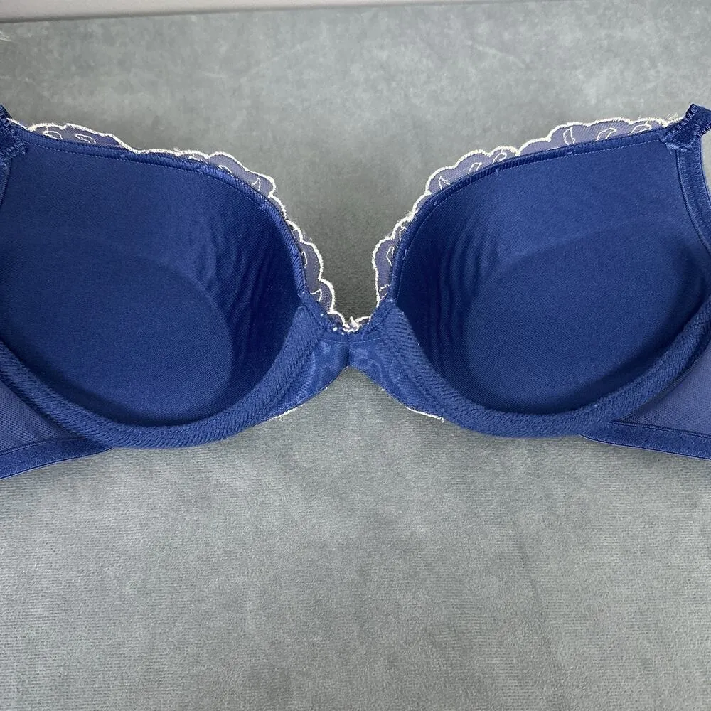 Vintage Lily of France 2111721 Embroidered Push Up Underwire Bra Womens 34B Blue - Image 5
