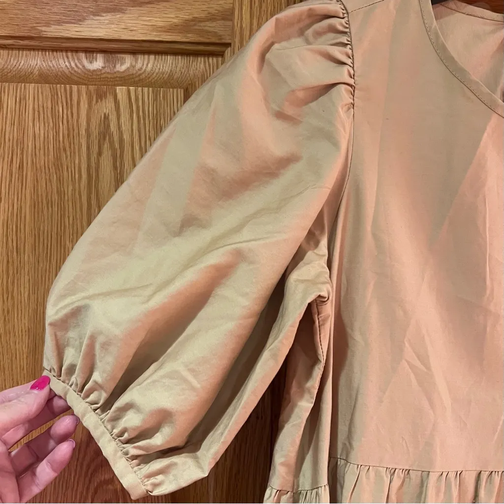 ZARA Asymmetric Puff Sleeve Tiered Cotton Poplin Midi Dress‎ in Camel Size XS - Image 14