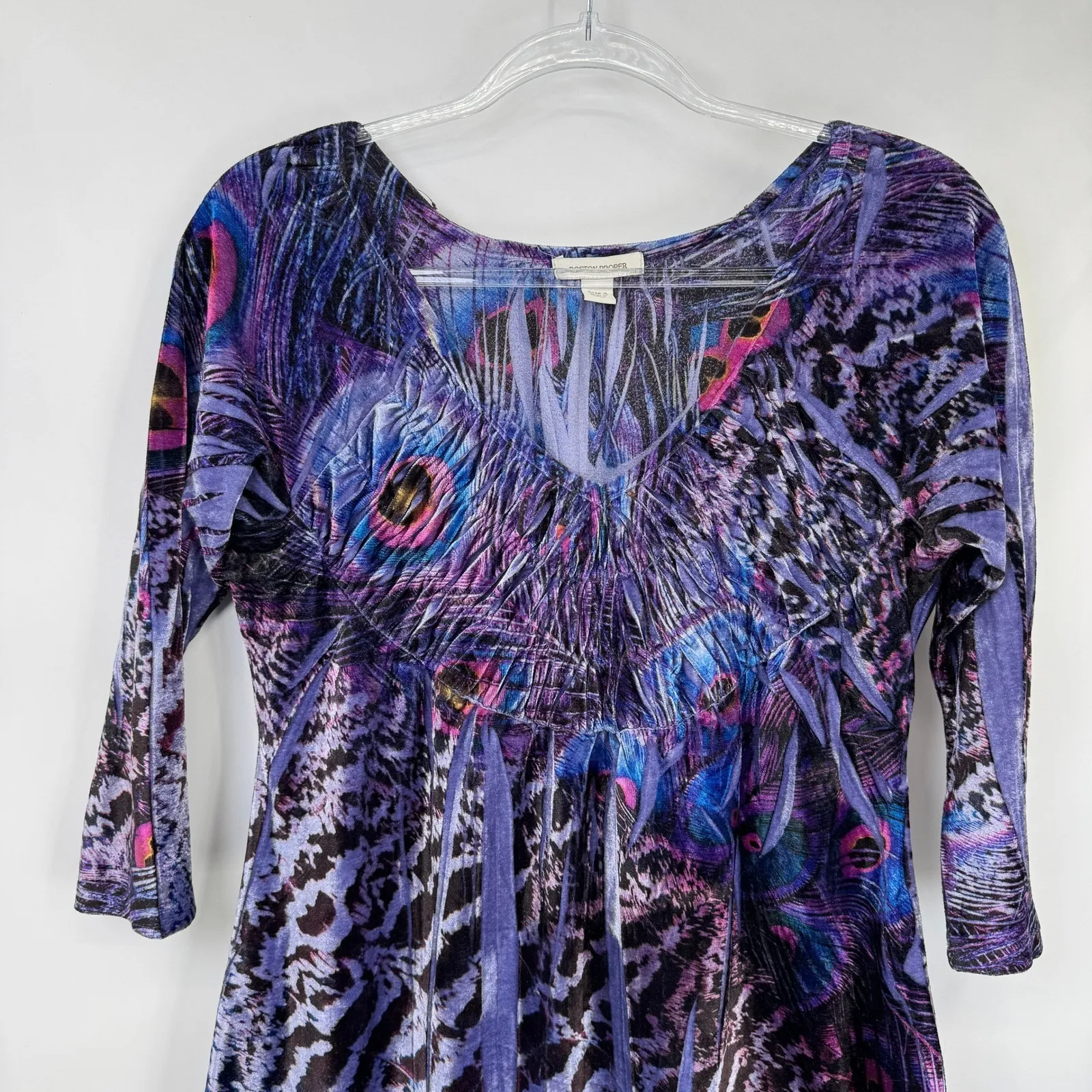 Boston Proper Fairy Velour Top Womens S Purple Peacock Feather Print 3/4 Sleeve - Image 3