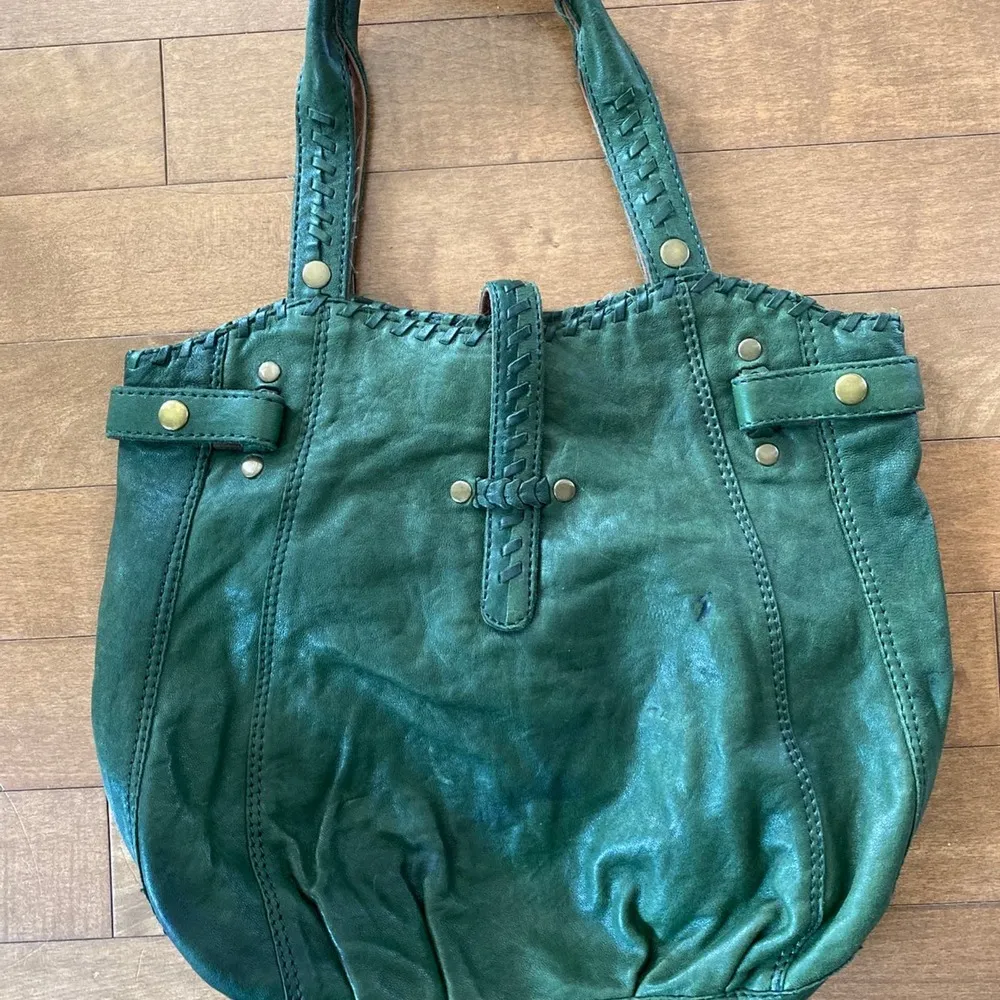 Lucky Brand Olive Green Soft Italian Leather Laced Hobo Tote Book Shoulder Bag - Image 2