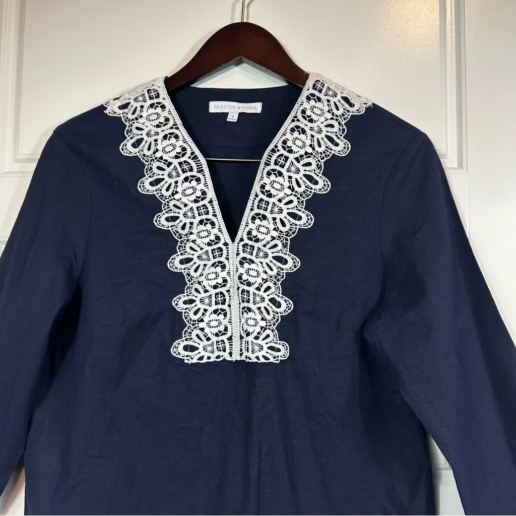 Preston & York Navy Lace Embroidered V-Neck Linen Blend Tunic Blouse Size 10 - Image 3
