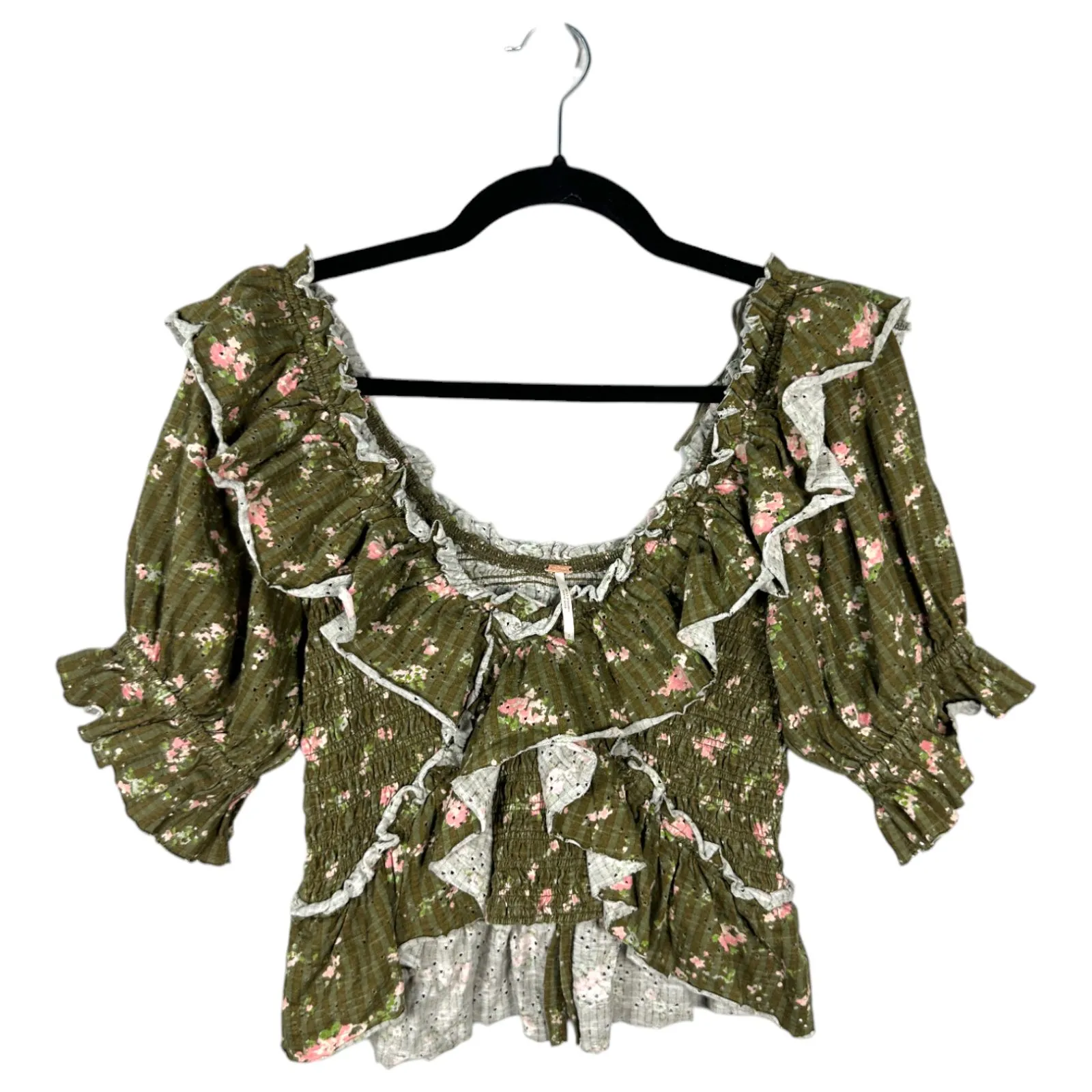 Free People Favorite Girl Top Green Floral Cropped Cottage Boho Ruffle Small - Image 6