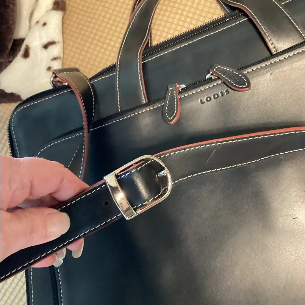 Lodis Italian leather briefcase/laptop bag. Black with brown piping - Image 4