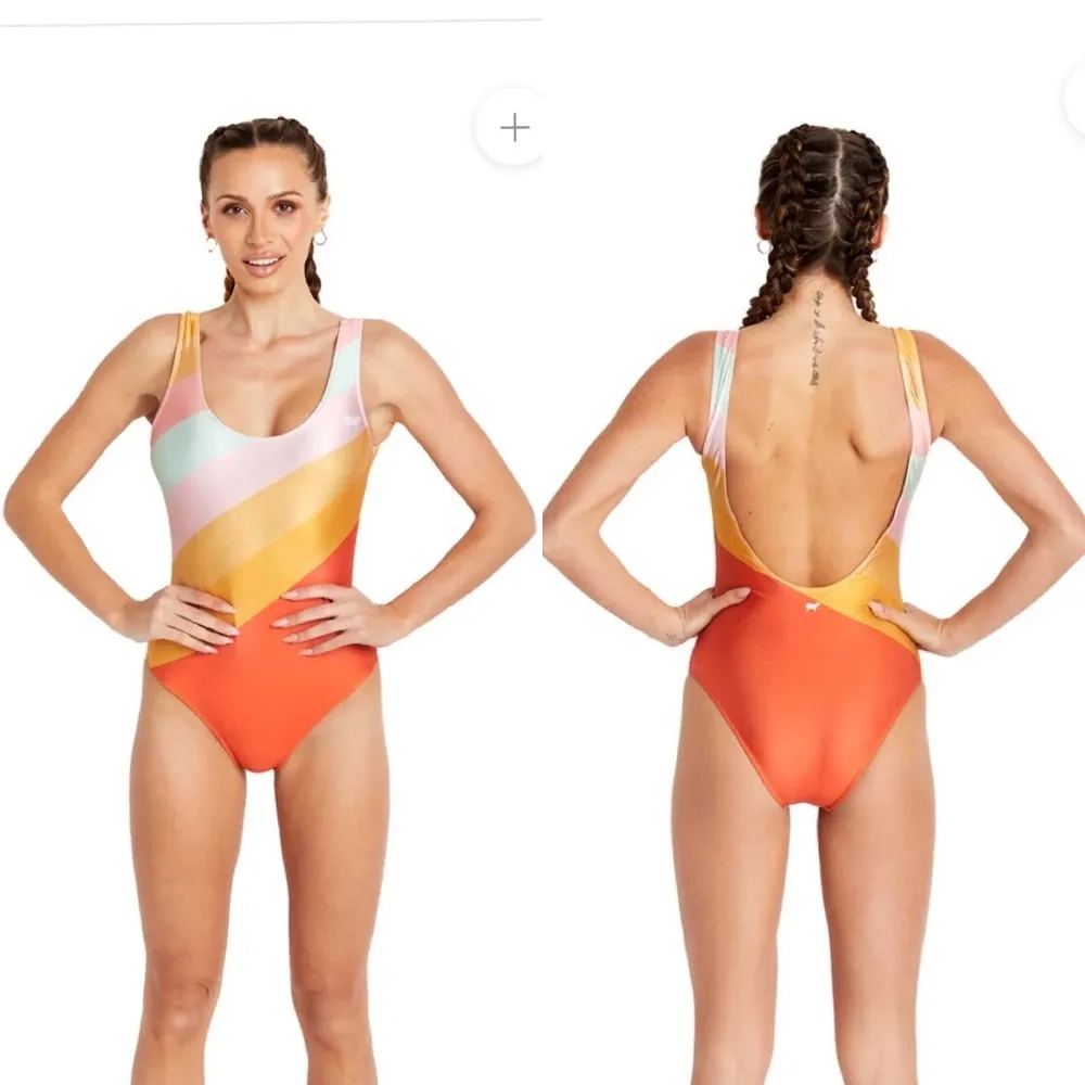 GOLDSHEEP Orange Pastel Color Block Retro Sport 1-Piece Swimsuit $80 NWOT L - Image 10