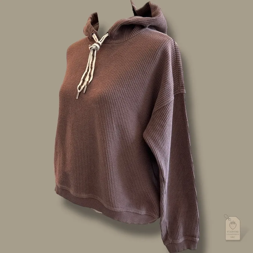 Aerie 100% Cotton Ribbed Knit Hoodie Brown Taupe S Cozy Fall Neutral - Image 4