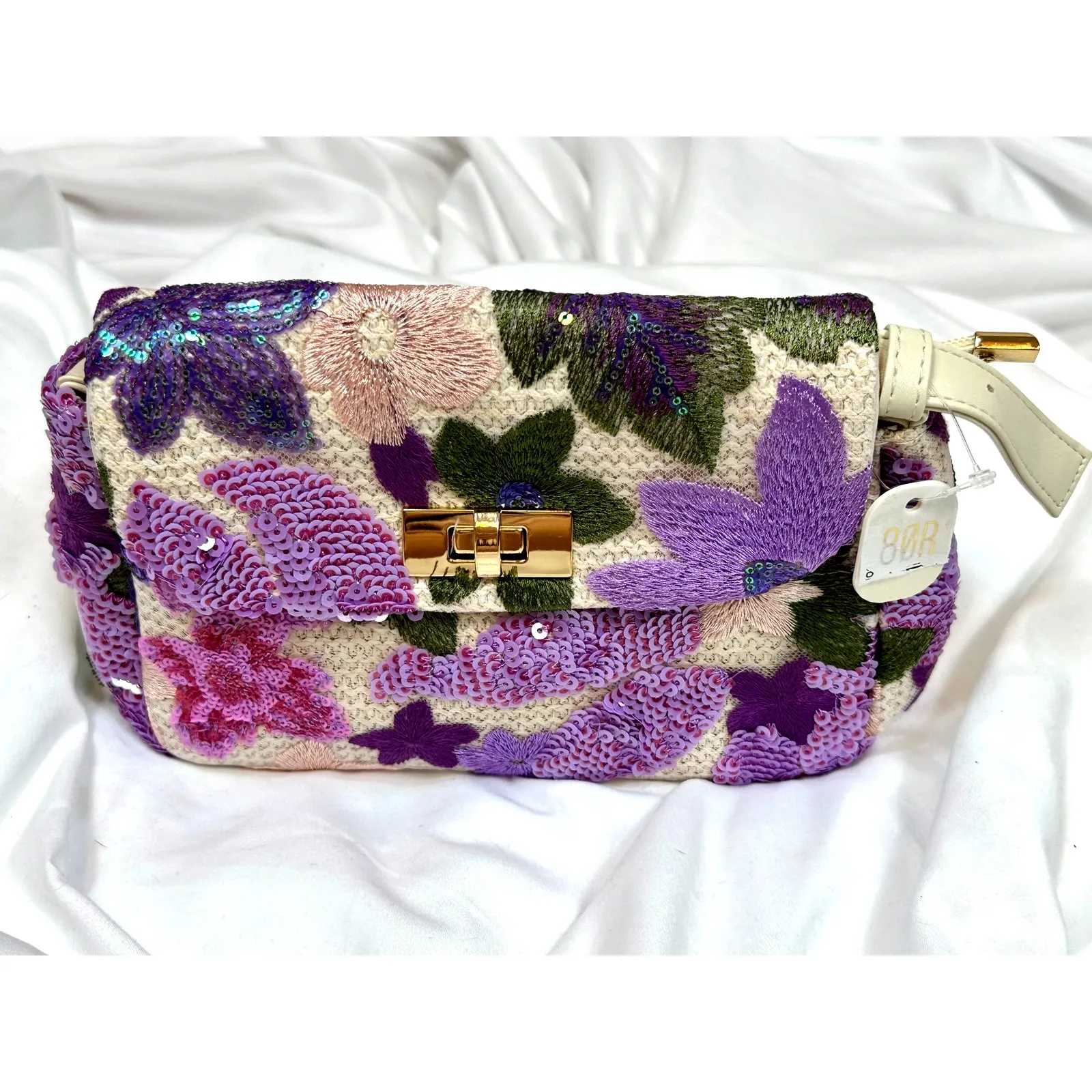 8 Other Reasons Floral Sequined Clutch/Shoulder Bag Purple Pink Green - Image 6