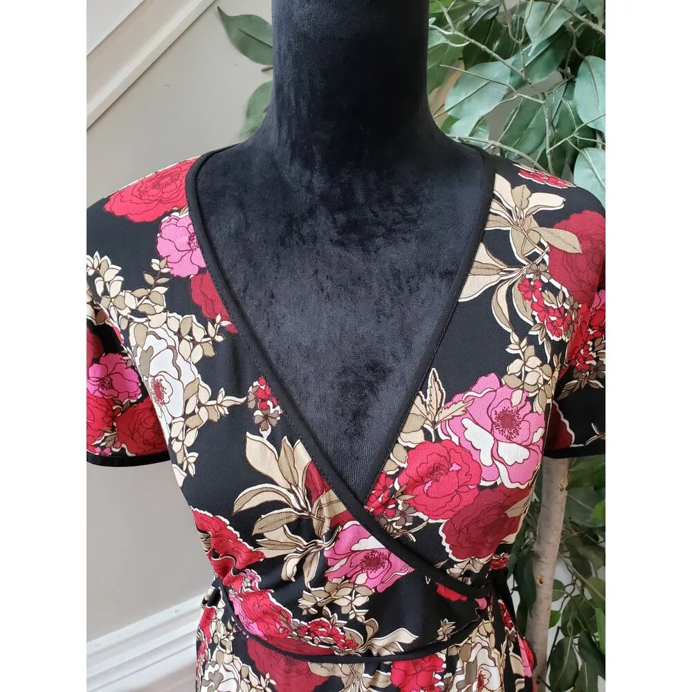 Faith, Love & Passion Wrap Dress Women Size XL Black Floral Polyester Tie Waist - Image 14
