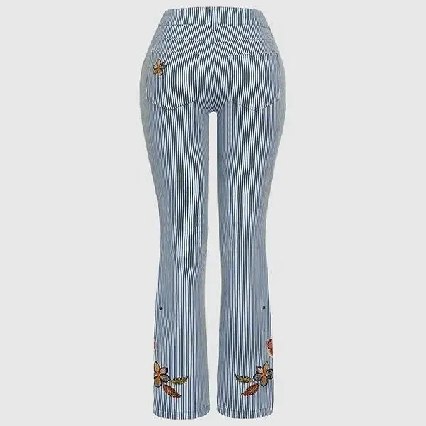 Flamingals Striped Embroidered Flare Jeans Light Blue 16 - Image 9