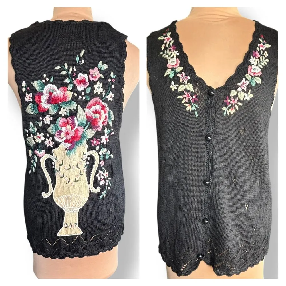 Vintage Black Knit Sweater Vest Embroidered Vase Floral Print Rosettes Size L - Image 2