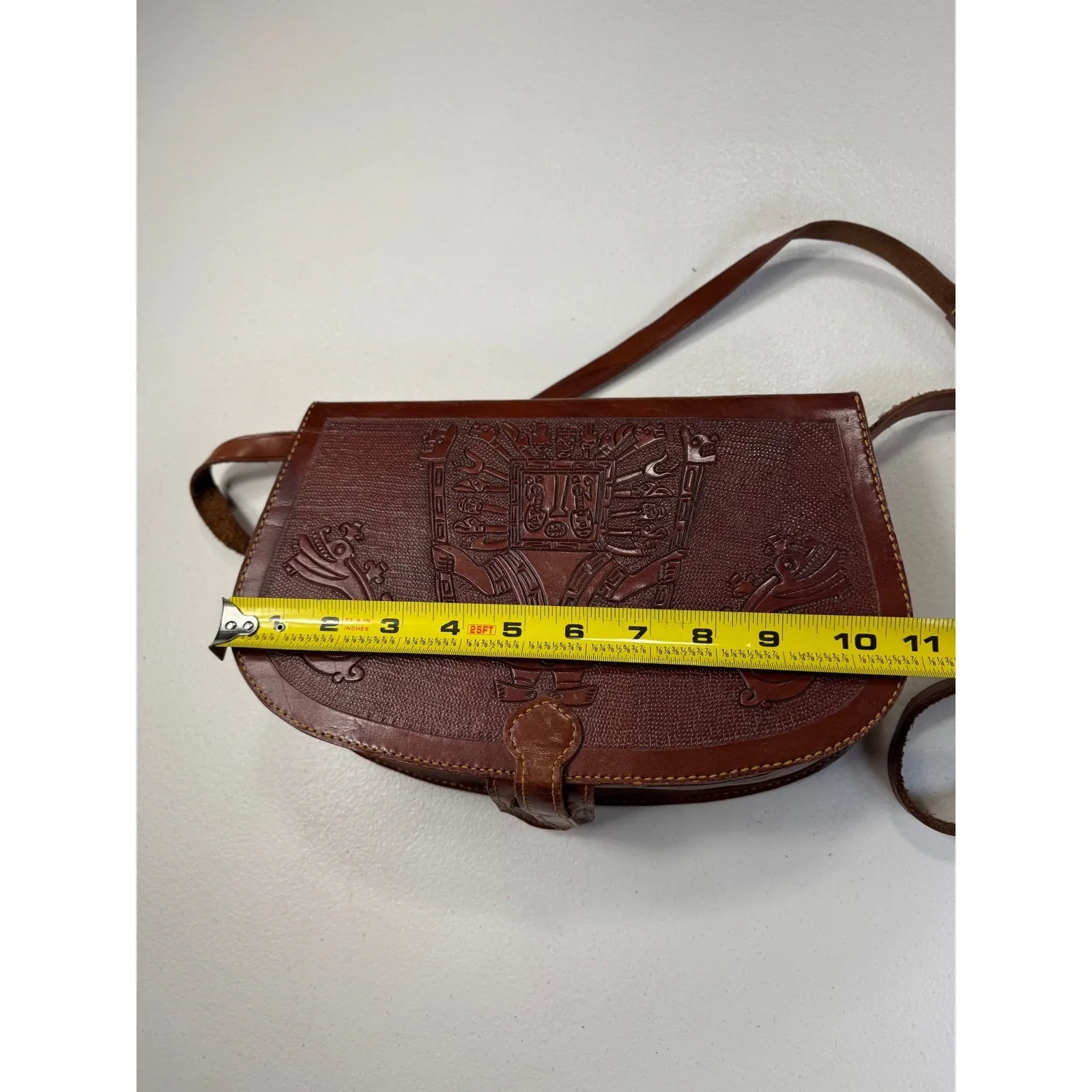Vintage Tooled Leather Crossbody Bag Purse Aztec Mayan Style Brown - Image 9
