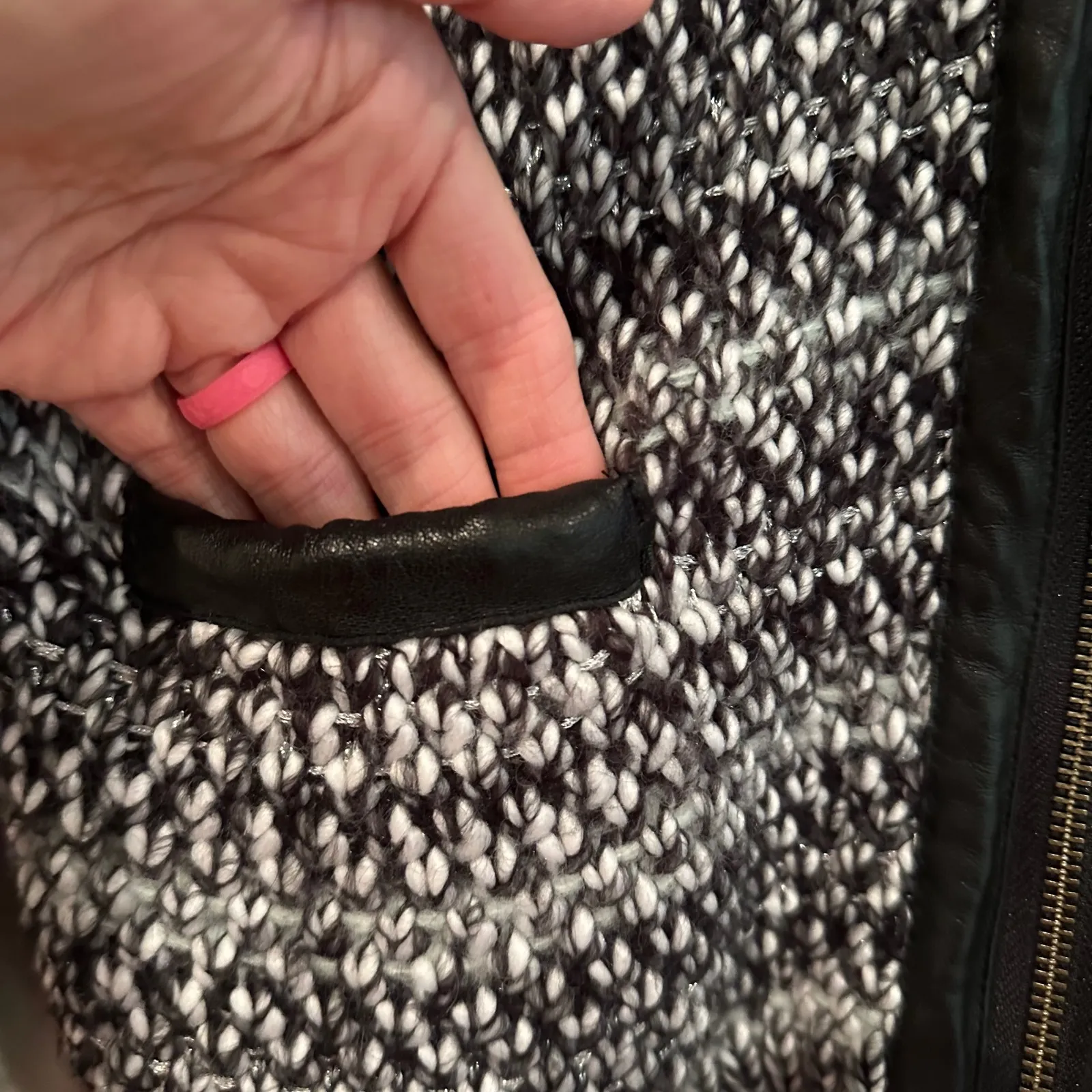 Joie Jacolyn Leather Trim Knit Cardigan Jacket Womens Medium Black Career Luxury - Image 6