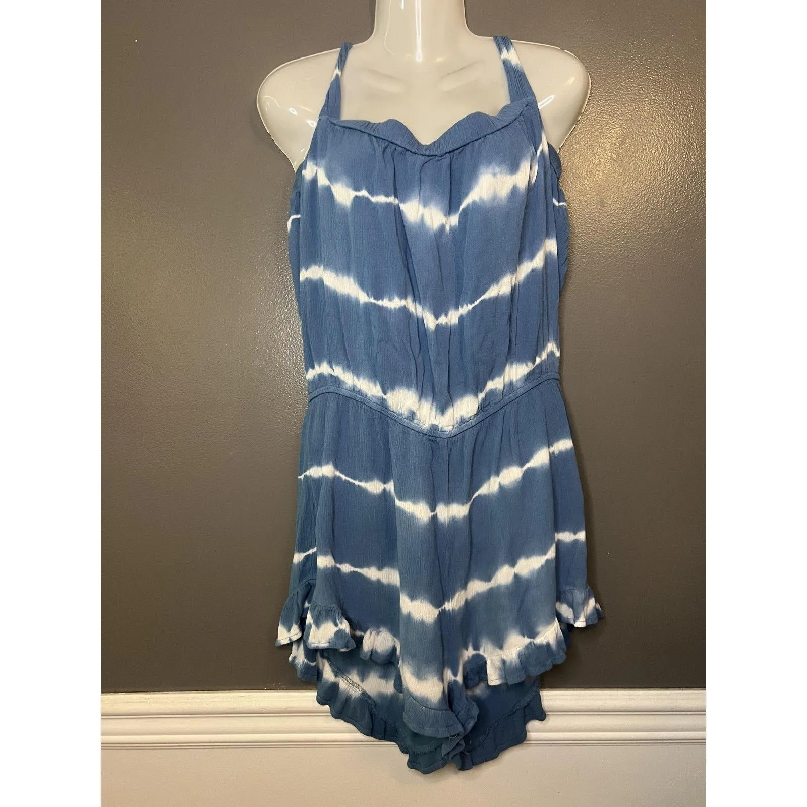 Aeropostale Romper Womens Large Blue Tie Dye Gauze Sleeveless Ruffle Hem Casual - Image 2