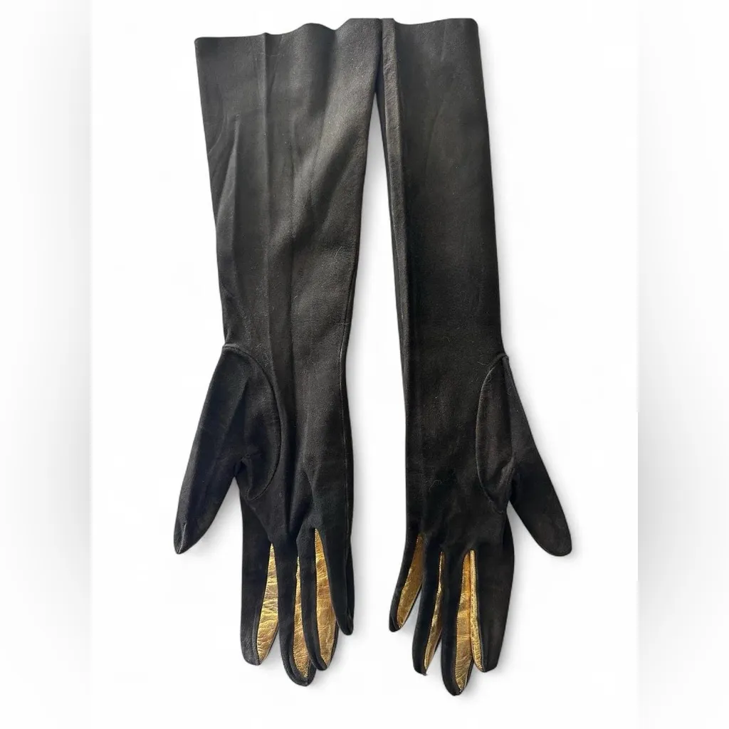 FREDDY PARIS VINTAGE LONG GLOVES BROWN SUEDE W GOLD LEATHER FINGER ACCENTS RARE - Image 6