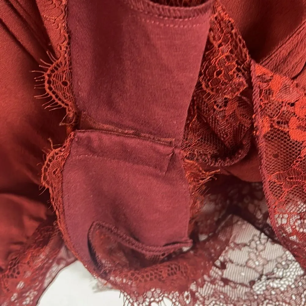 Free People Elsa lace inset deep vneck long sleeve oversized terracotta bodysuit - Image 5