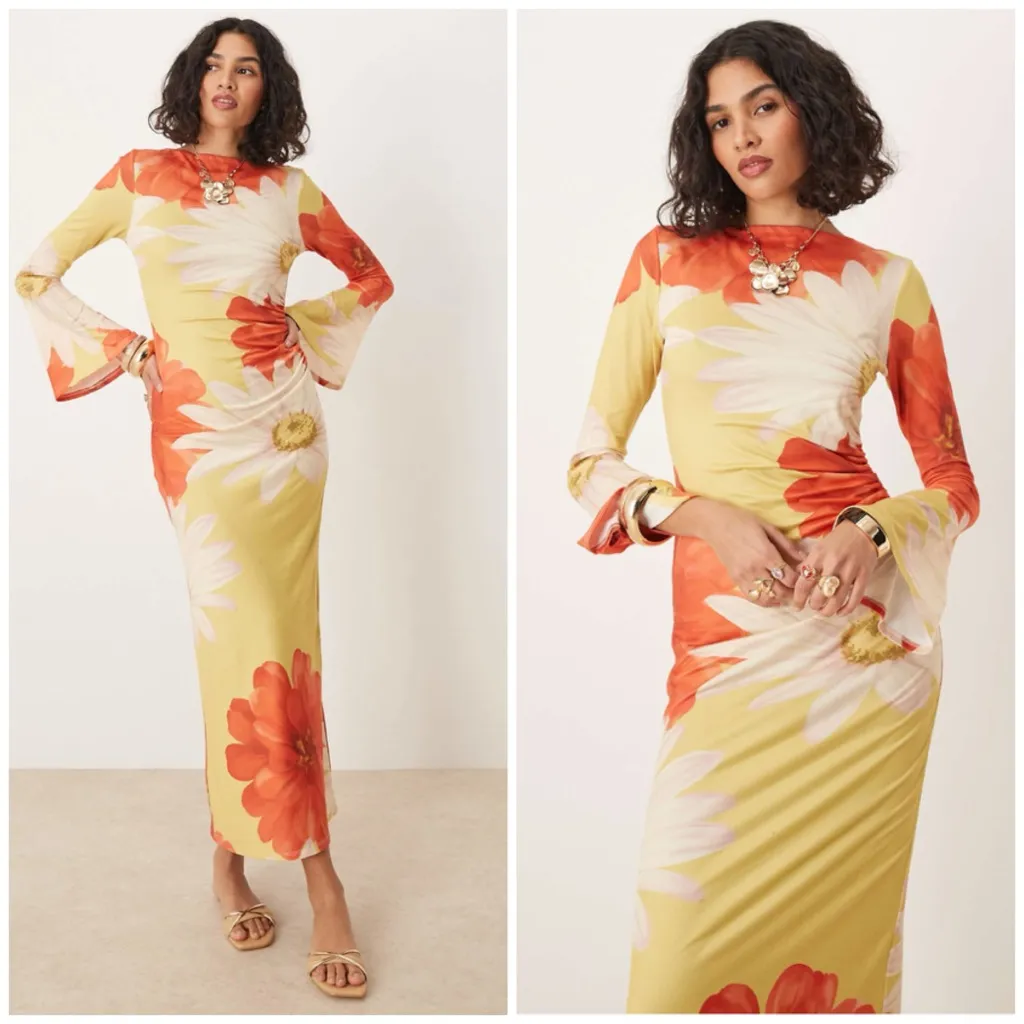 ASOS Yellow Floral Angel Sleeve Midaxi Bodycon Dress Size Small 4/6 - Image 3