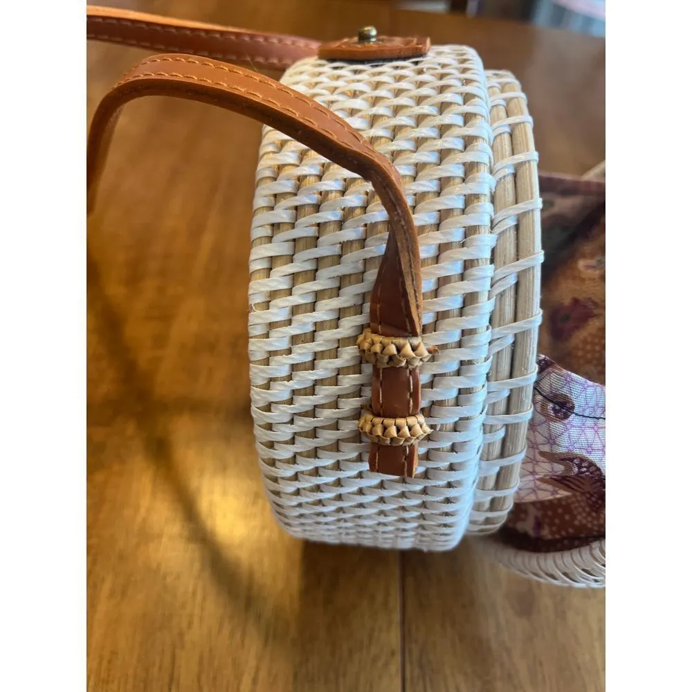 Woven Rattan Crossbody Bag Boho Wicker Round Purse Summer Beach‎ Basket Bag White - Image 3