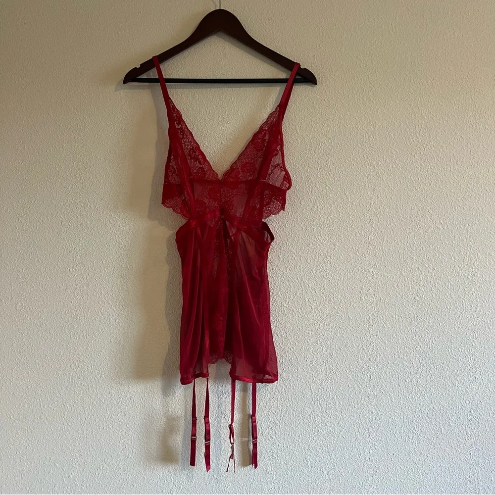 Seven 'Til Midnight Red Floral Lace & Mesh Chemise Lingerie One Piece One Size Size undefined - Image 4