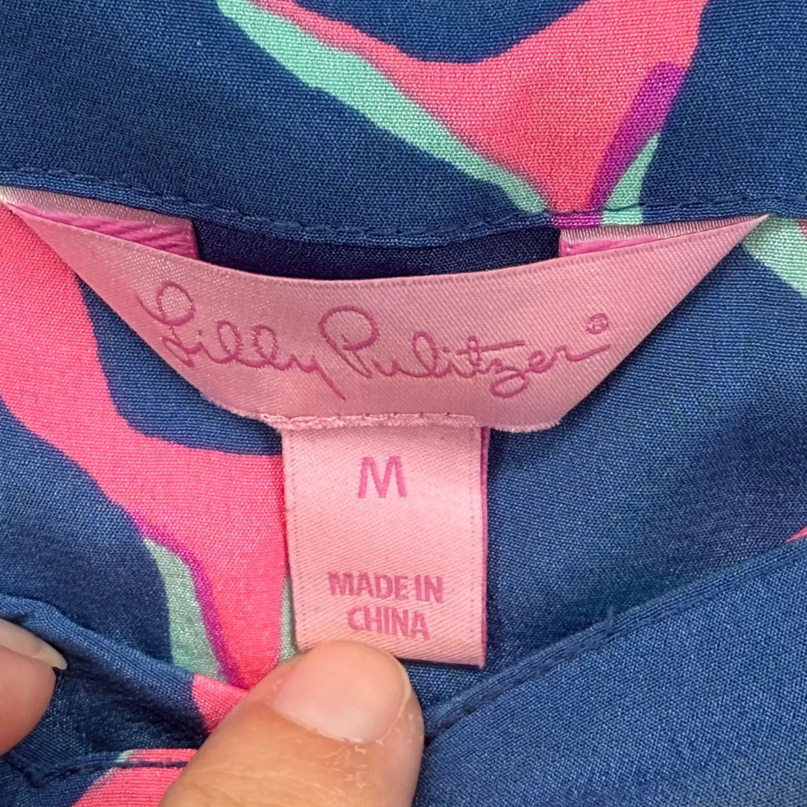 Lilly Pulitzer Silk Blend Off Shoulder‎ Dress Pink Blue Abstract Print M - Image 5