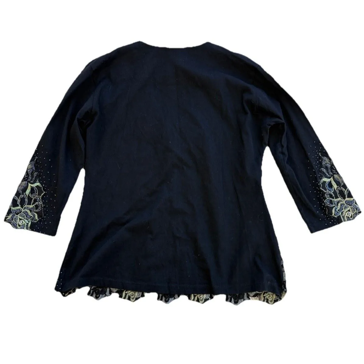 Sassy Thai Womens Black Cotton Knit Top with Hand Beading Floral Lace V Neck Lrg Size L - Image 5