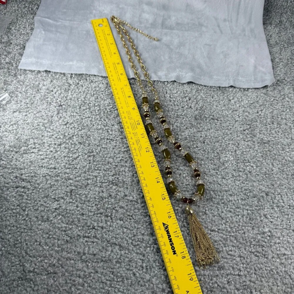 Gold Tone Chain Necklace Dark & Clear Beads Gold Tassel Pendant Long Length - Image 11