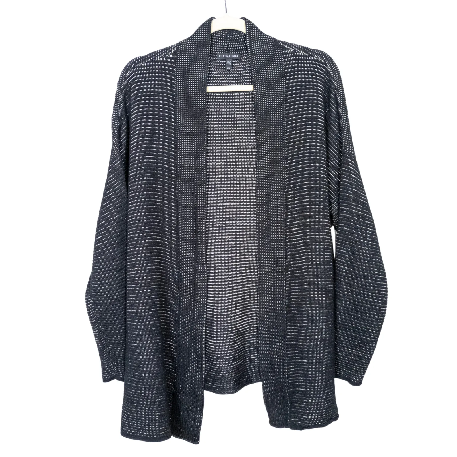 EILEEN FISHER Black White Knit Ribbed Ottoman Cardigan Silk Linen Women's Large - Image 2