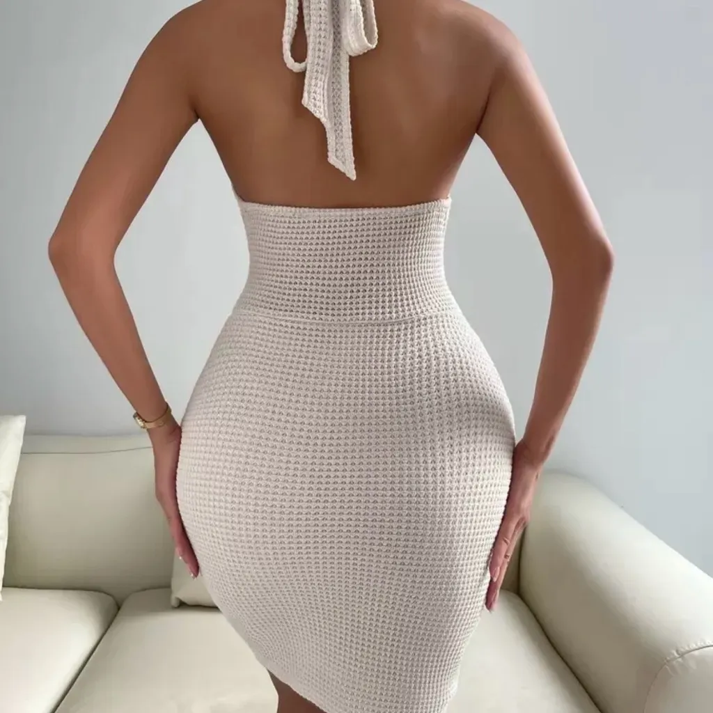 SHEIN Cream Textured Halter Mini Dress - Image 2