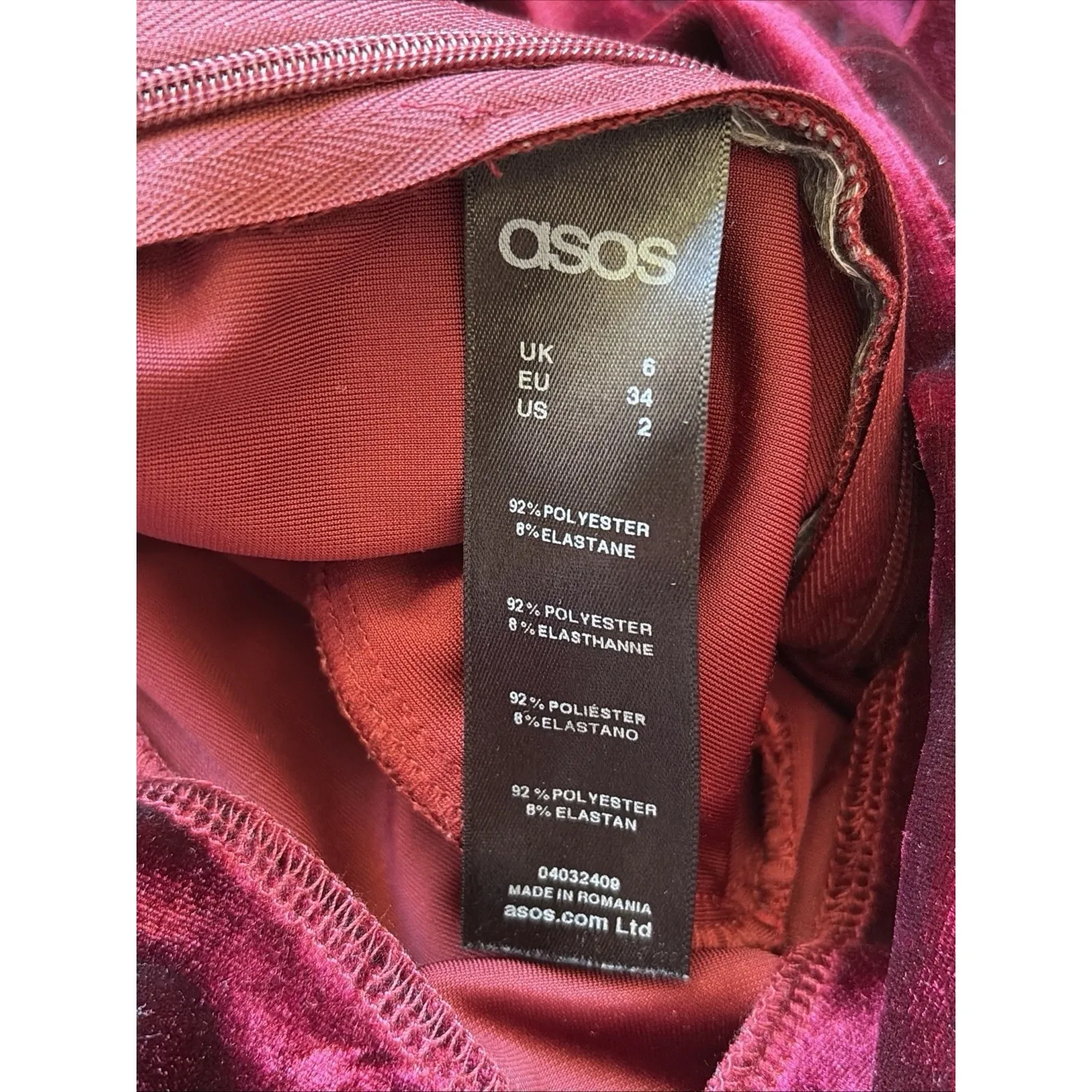 ASOS Red Burgundy Velour Side Zip Skinny Pants Womens 2 Party Going Out Holiday - Image 6