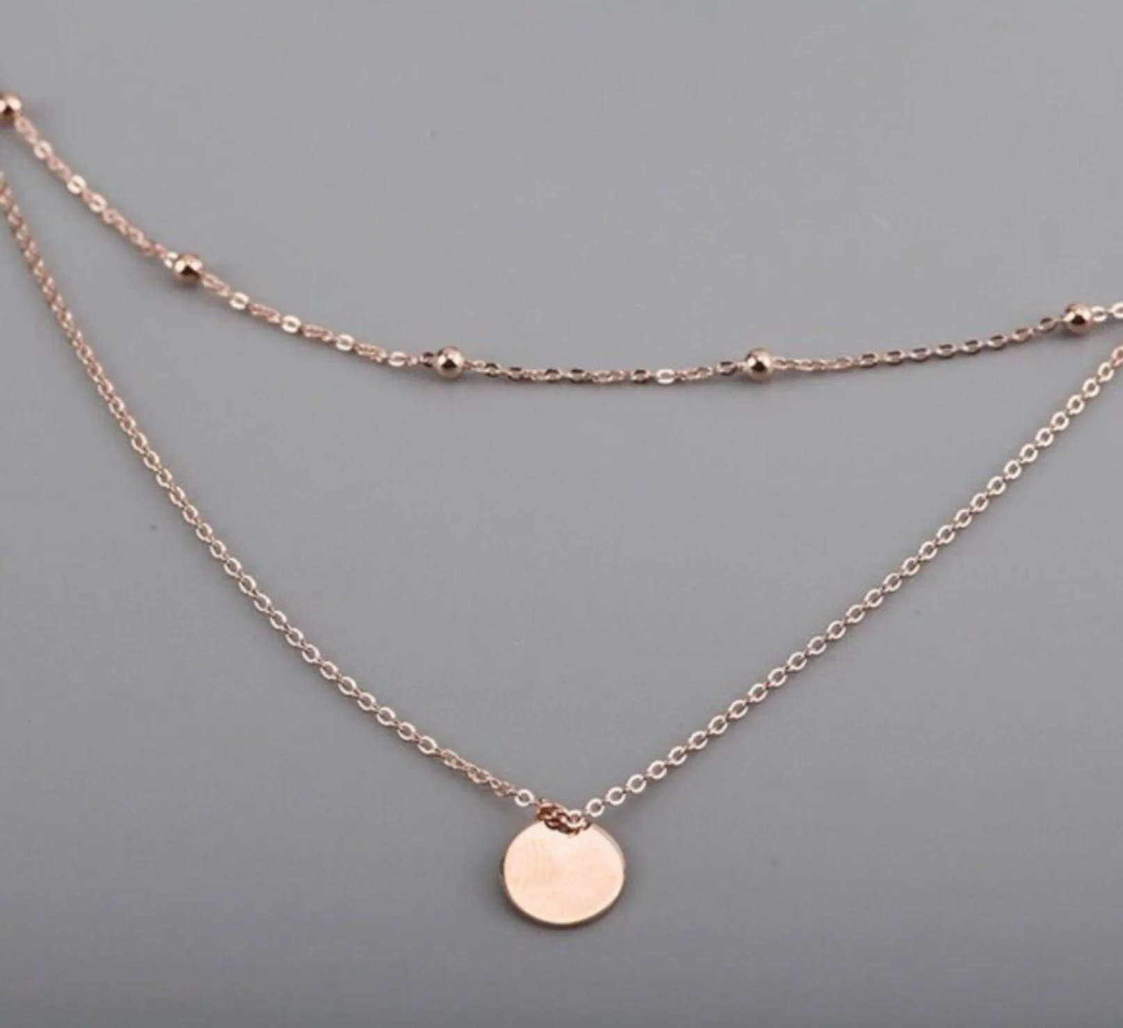 Boutique S925 Sterling Silver Gold / Rose Gold Dainty Double Layer Round Disc Coin Pendant Beaded Necklace. - Image 2