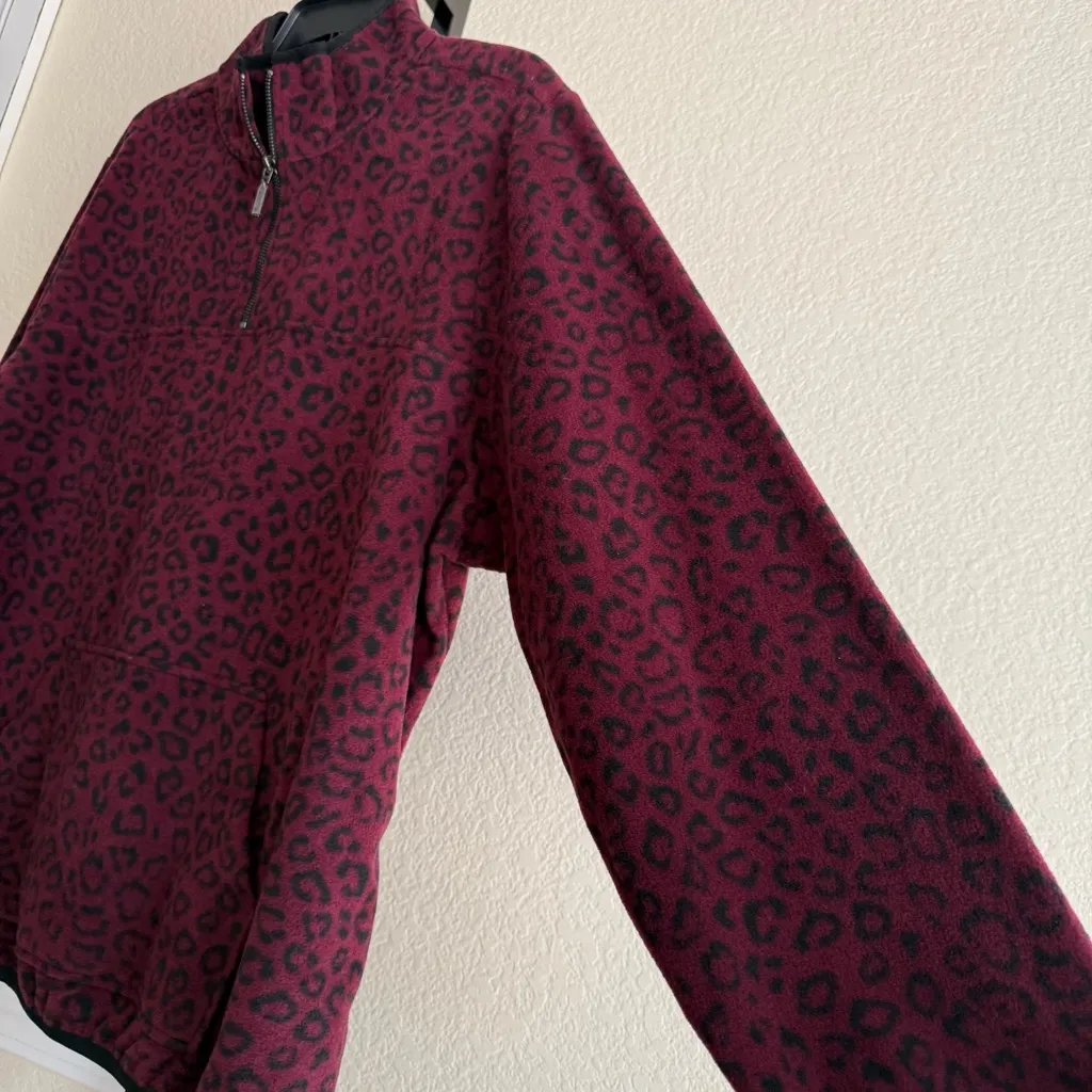 Susan Graver Weekend Burgundy Leopard Animal Print Henley Soft Fleece Pullover - Image 3