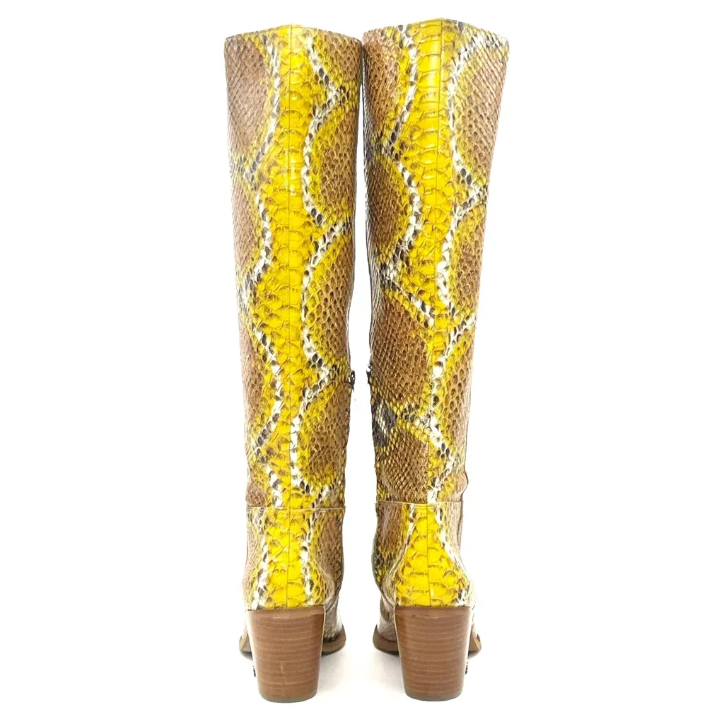 Sam Edelman Lindsey Tall Western Boots Sz 8 Yellow Leather Snake Print Knee High - Image 7