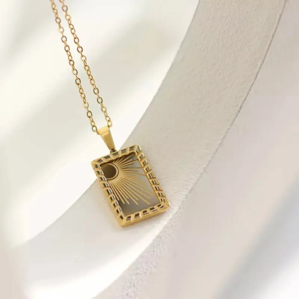 18k Gold Sunburst Square Pendant Boho Necklace - Image 4