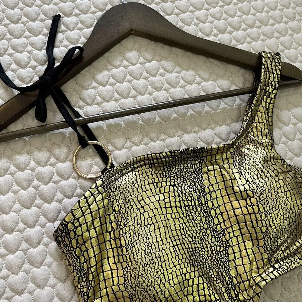 NWT DAHLA Women One Piece Snakeskin Print Swimwear Sexy Cut Out One Shoulder S Gold - Image 3