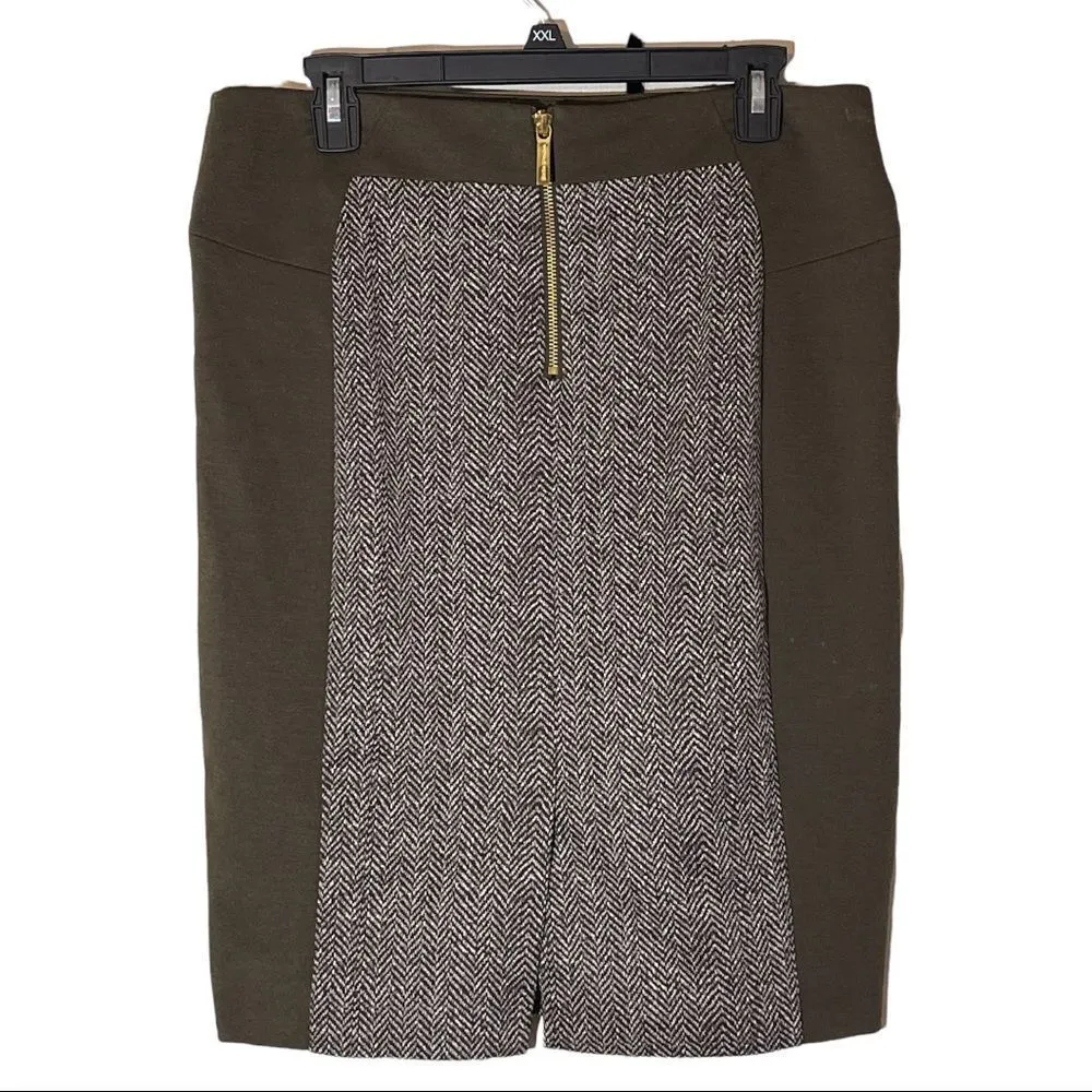 Michael Michael Kors Brown Tweed Pencil Skirt Goldtone Zippered Pockets 10 - Image 2