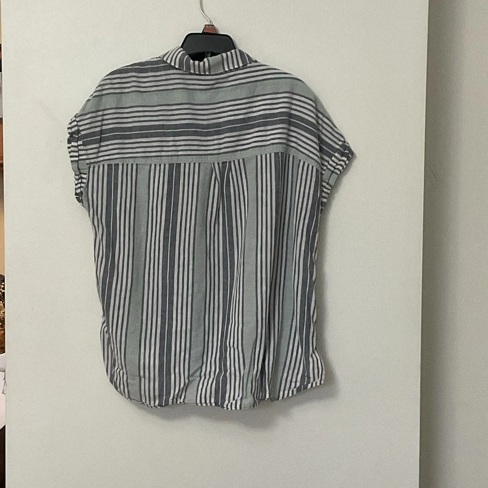 Sanctuary Striped Blue Green Cuff Sleeved Tie Off Button Down Shirt Size Large - Image 2