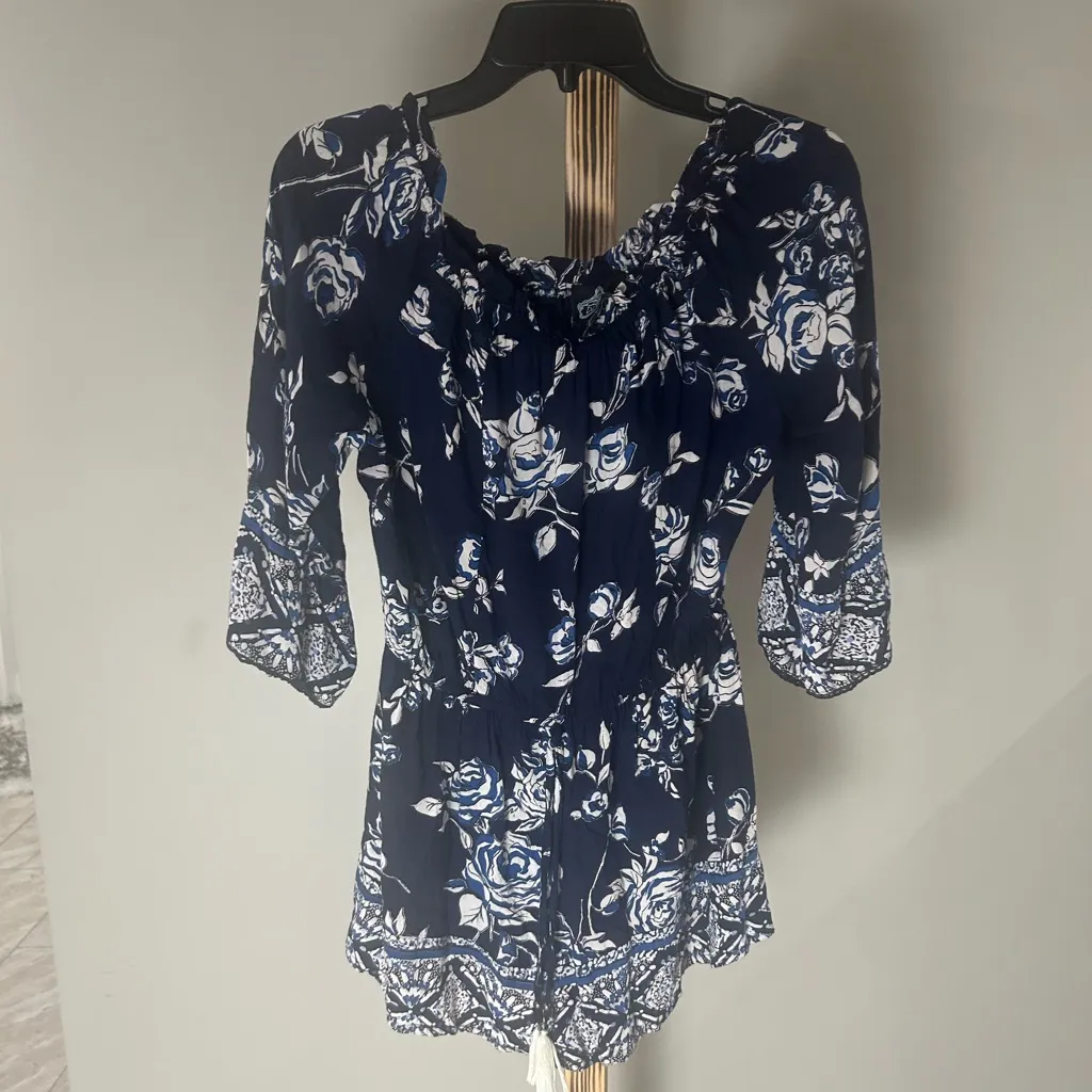 Angie Blue White Floral Boho Romper – Size Large - Image 5