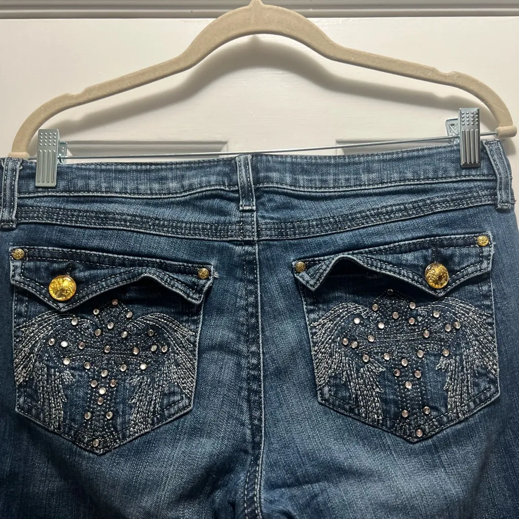 Rock 47 Wrangler Dark Blue Flare Jeans with Gem details - Image 5