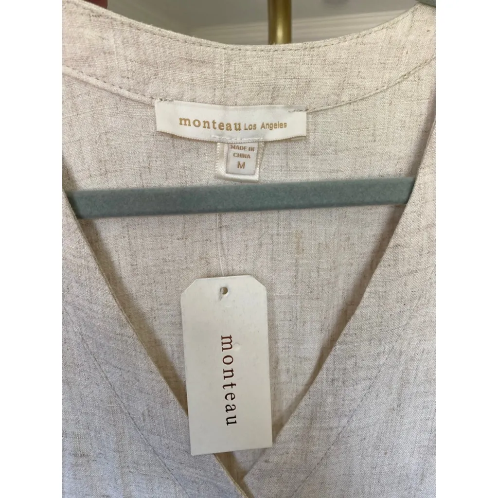 Monteau Los Angeles Linen Midi Dress Button Front Beige Neutral M Summer Autumn Brown Size M - Image 5