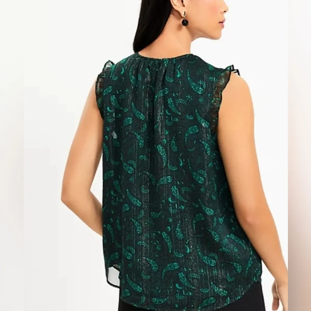 Loft Shimmer Paisley Velvet Flutter Tie Neck Top size medium - Image 2