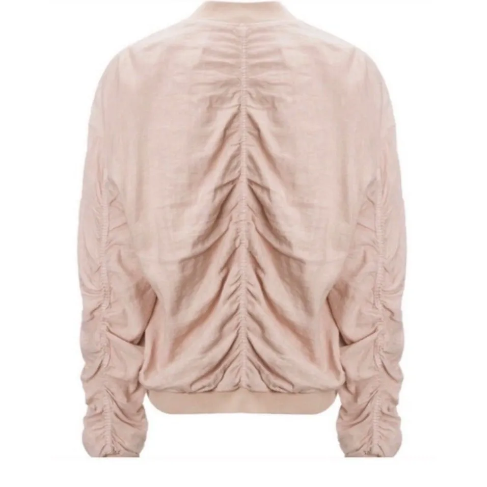 Free People  Blush Pink Linen Oversized Ruched Back Sleeves Bomber Jacket Large - Image 3