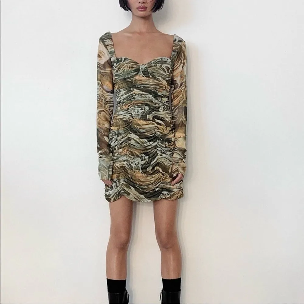 Zara Sheath Dress Marbled Ruched Draped Tulle Mini Khaki Green Orange Small - Image 2