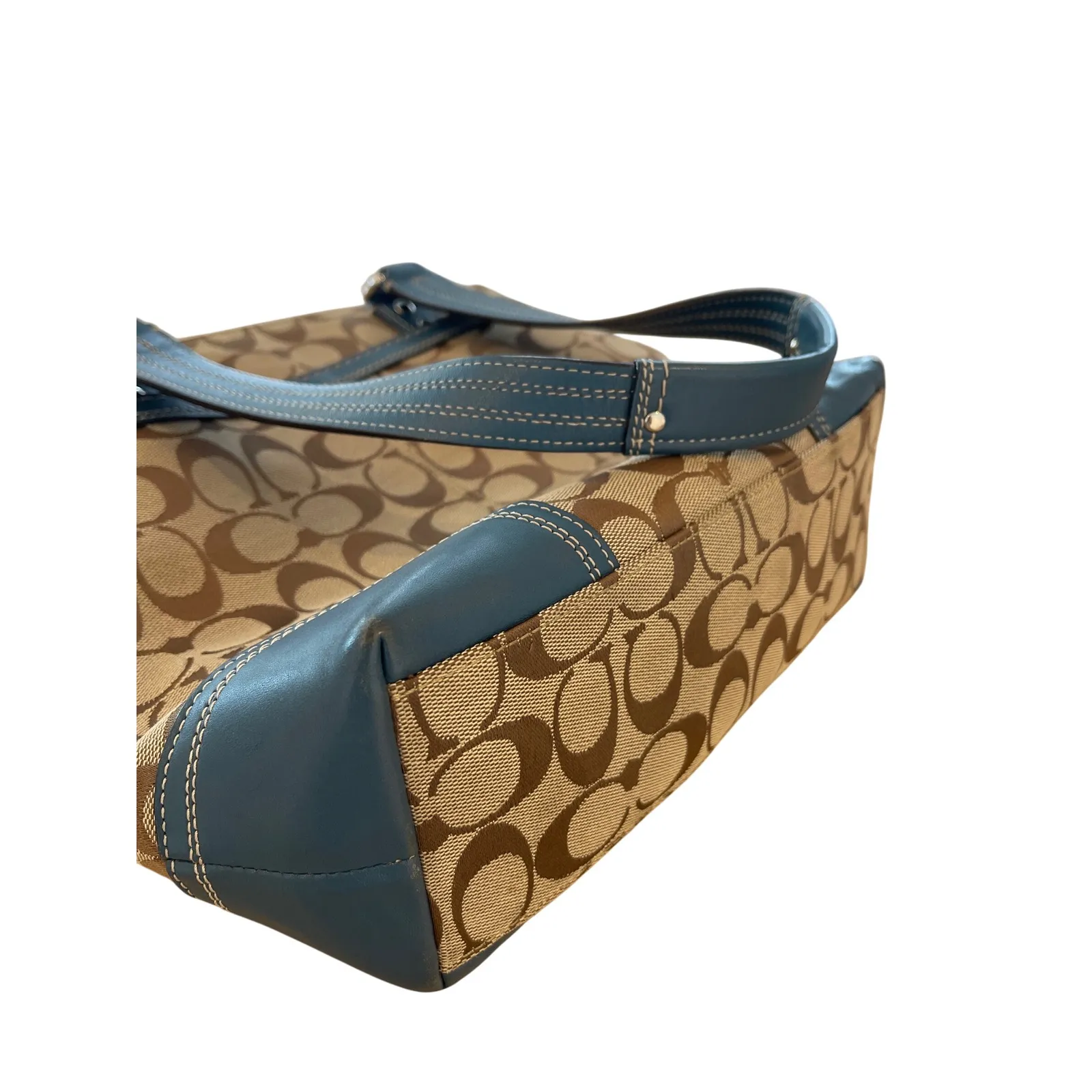 Coach‎ Signature Brown Tan Canvas Leather Trim Tote Bag Purse Handbag - Image 4